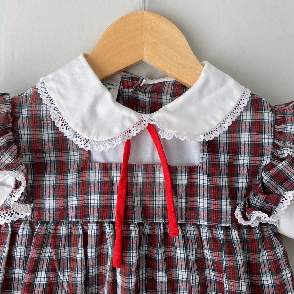 Vintage JCPenney Toddletime Puff Sleeve Plaid Fall Leaf Embroidered Dress 2-3T